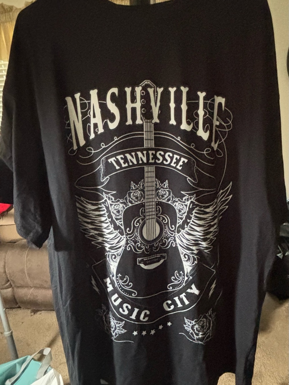 SHEIN Black Nashville Tennessee Guitar Graphic Short Sleeve Tee